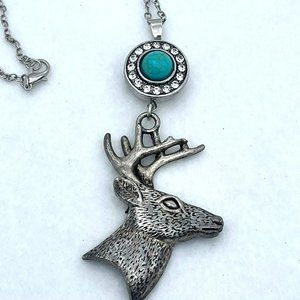 Deer Stag Head Pendant Faux Turquoise Rhinestone Antiqued Silver‎ Tone Necklace